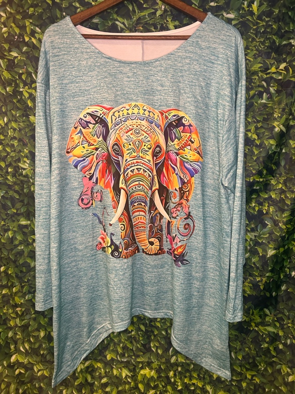 Women's Light Blue Long Sleeve Tee with Colorful Elephant Graphic